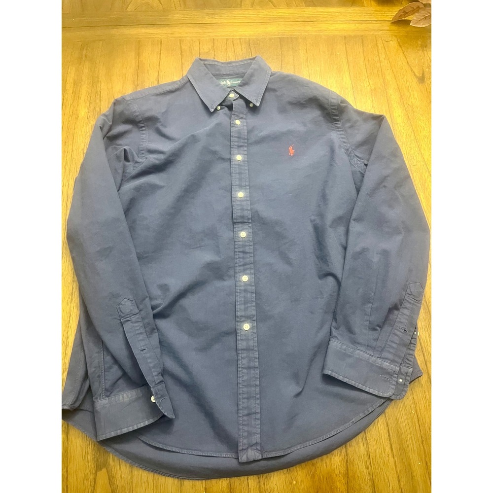 Ralph Lauren Mens Large Navy Blue Cotton Button Down Long Sleeve Shirt Red Pony